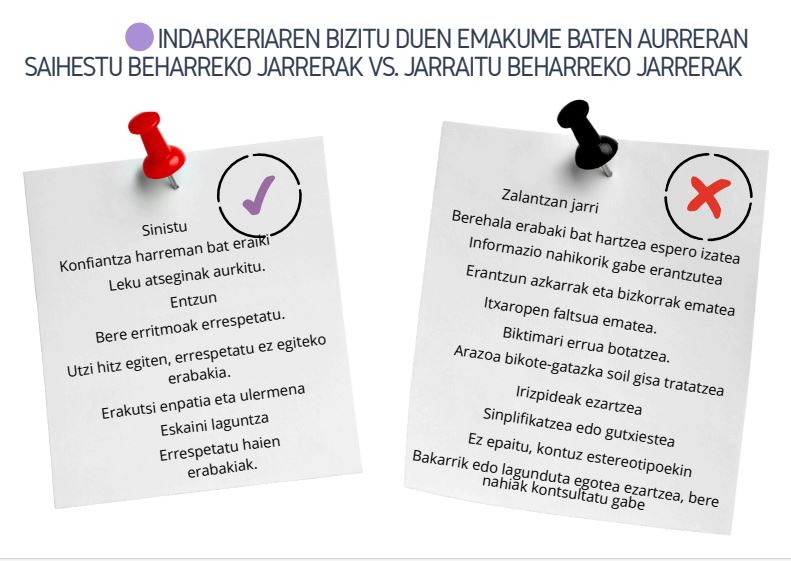  indarkeria bizi izan duen emakume bati laguntzen diogunean saihestu beharreko jarrerekin eta sustatu beharreko jarrerekin gida